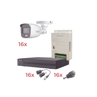 Kit TurboHD 1080p Lite / DVR 16 Canales / 16 Cámaras Bala Exterior ( 2.8mm) con ColorVu + Micrófono Integado / Transceptores / Conectores / Fuente de Poder Profesional
