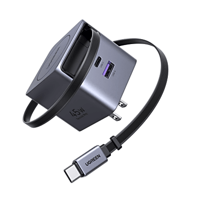 Cargador Rápido UGREEN 45W GaN / Cable Retráctil 0.7m / 3 Puertos USB-C + USB-A / Tecnología GaNInfinity 95% Eficiencia / 8 Capas Protección / Carga Simultánea 3 Dispositivos / Compacto para Viajes
