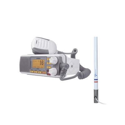 Kit de radio UM385 | mas antena marina de fibra de vidrio TX-5101-SYS fabricada en fibra de vidrio con base roscable de acero inoxidable 