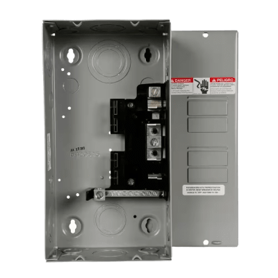 Centro de carga monofásico para sobreponer. 1 Fase, 3 Hilos para interruptores QT, de 4 polos - 8 Circuitos, 120/240vca, Barras de aluminio 125 Amp, Nema 1. 