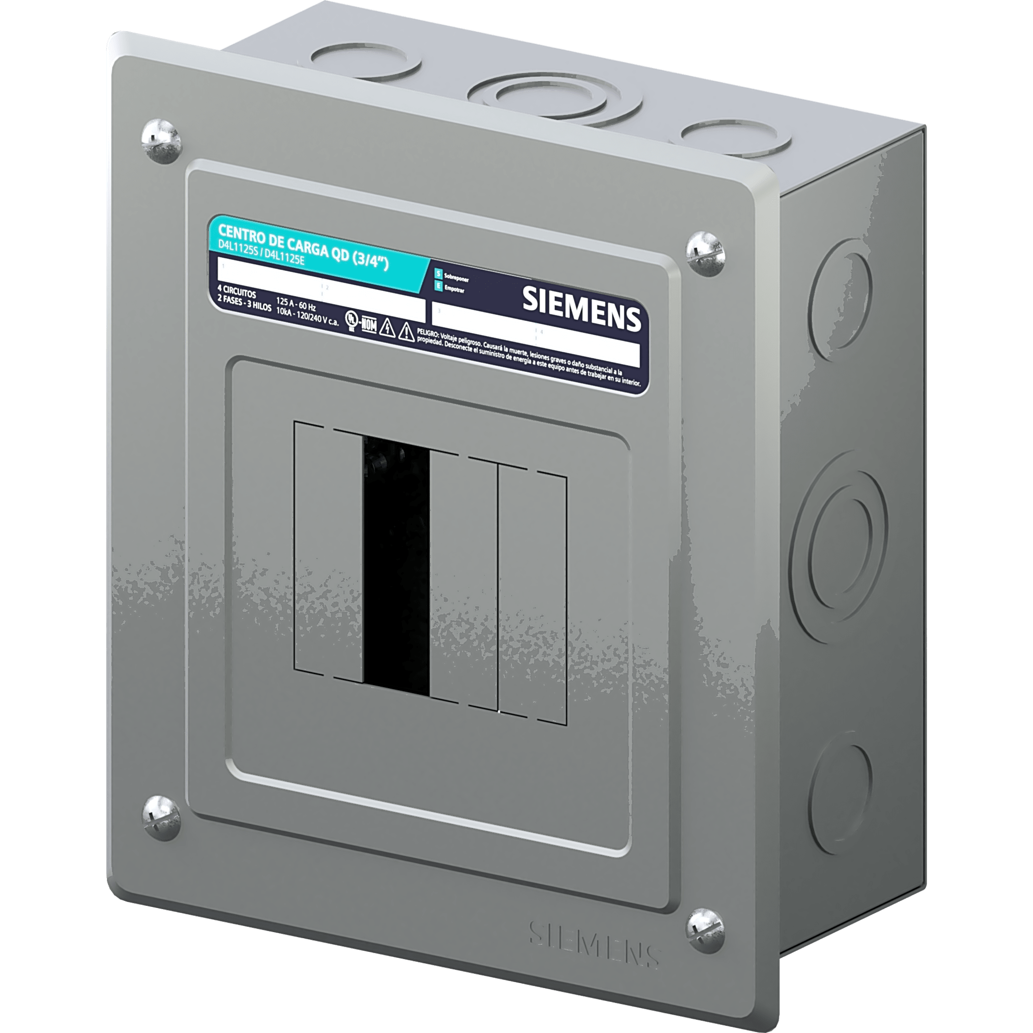 Centro de carga monofásico para empotrar. 1 Fase, 3 Hilos para interruptores QD, de 4 polos, 120/240vca, Barras de aluminio 125 Amp, Nema 1.