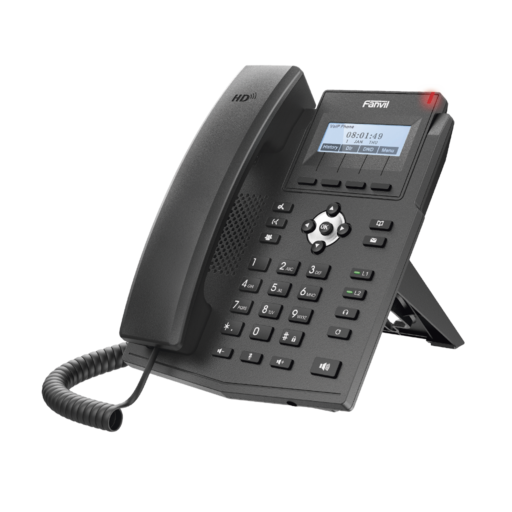 Teléfono IP empresarial para 2 lineas SIP con pantalla LCD,  Puertos Gigabit, Códec Opus, conferencia de 3 vías, PoE.