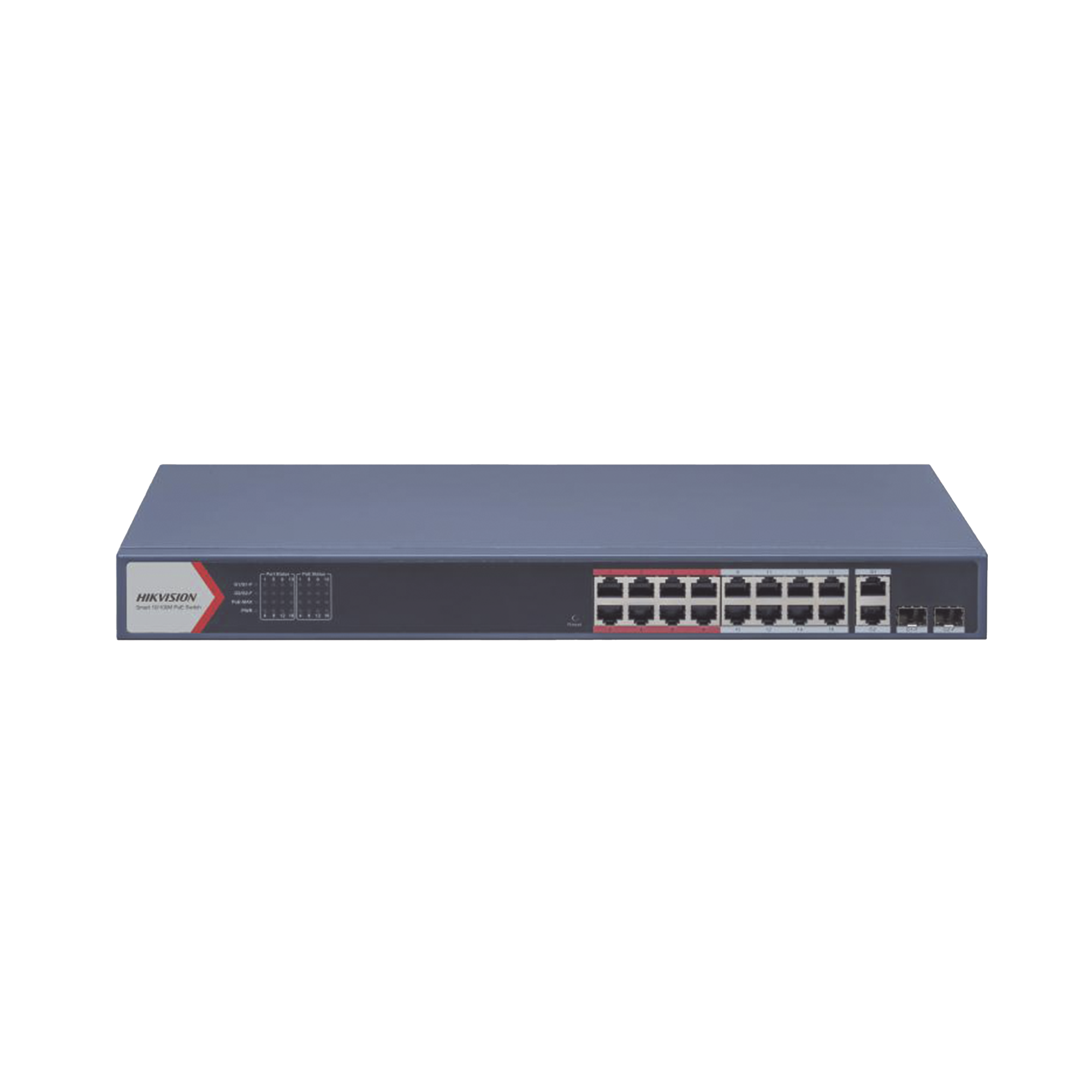 Switch PoE+ / Monitoreable / 16 puertos 10/100 Mbps PoE+ / 2 Puertos 1000 Mbps Uplink / 2 Puertos SFP de Uplink /  Configuración Nube Hik-Partner Pro / Modo Extendido hasta 300 metros / 230 W