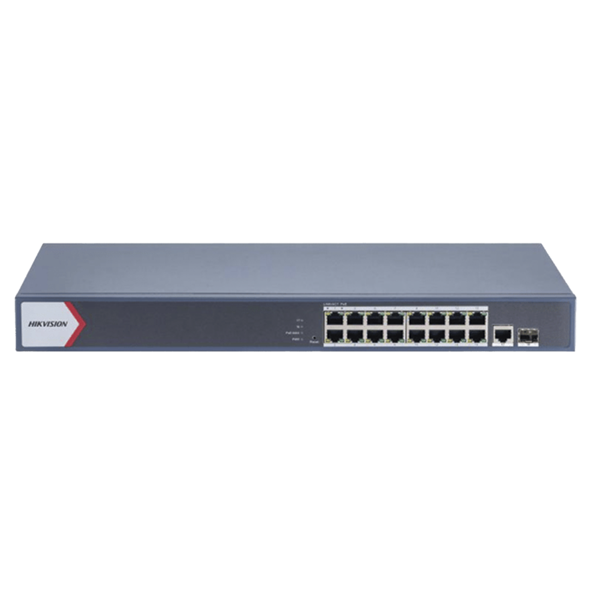 Switch Gigabit PoE+ / Monitoreable / 16 Puertos 1000 Mbps PoE+ / 1 Puerto 1000 Mbps de Uplink / 1 Puerto SFP /  Configuración Nube desde Hik-PartnerPro / Modo Extendido hasta 300 Metros / 130 Watts