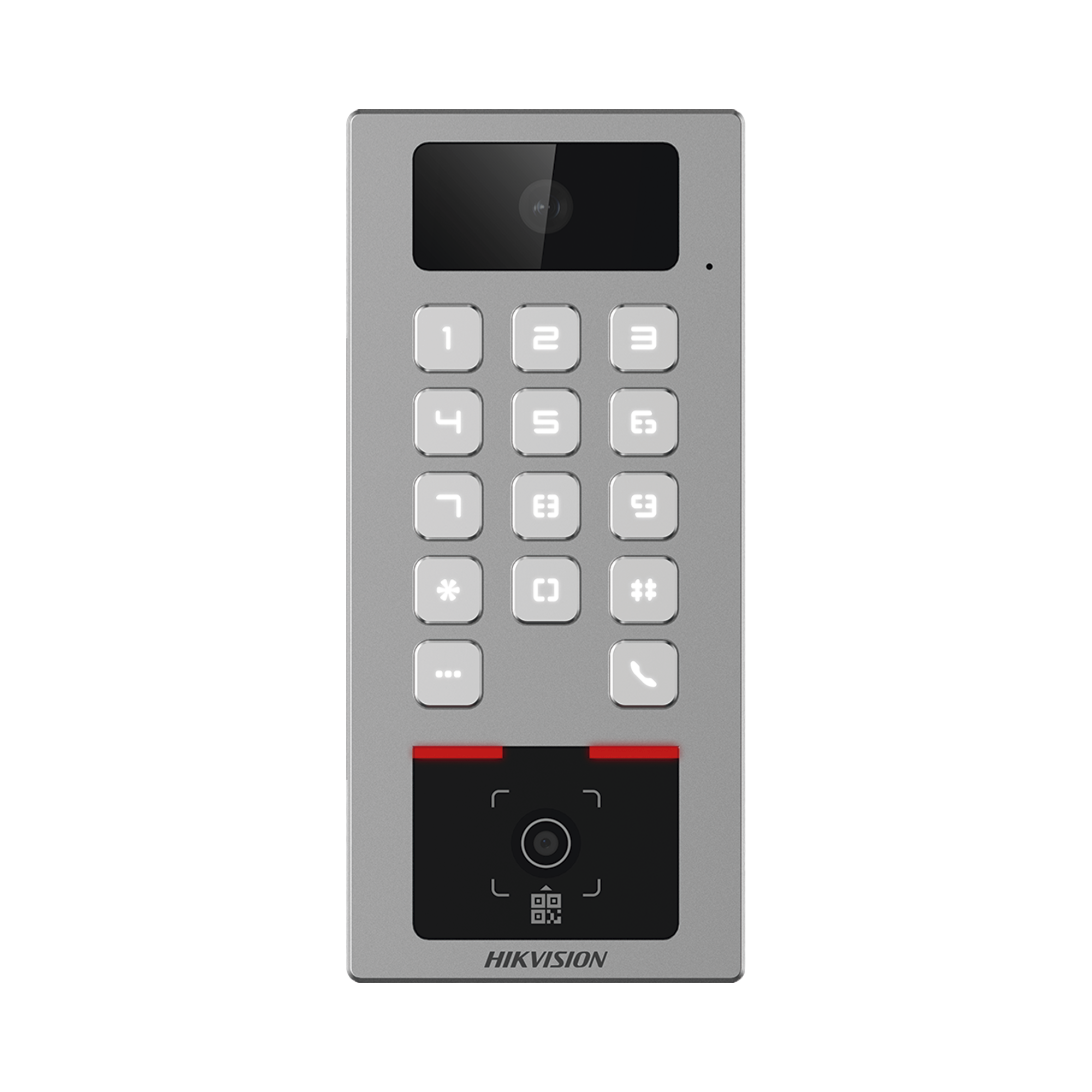 Teclado con Lector Físico de QRs para Exterior Antivandálico IP65 & IK09 con función de Videoportero Multiapartamento / Tarjeta, Código QR, PIN o App HikConnect  / Cámara 2 MP compatible con NVRs / Soporta b