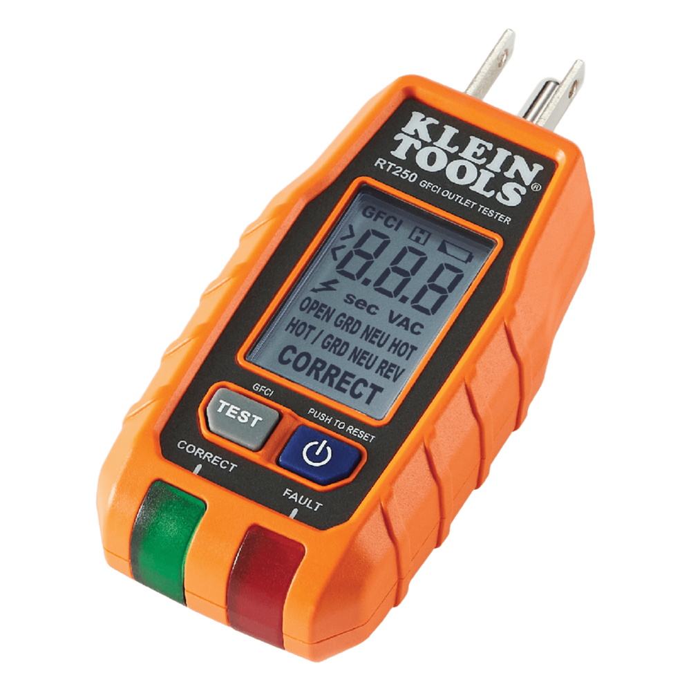 Probador de Tomacorrientes con Interruptor de Falla a Tierra (GFCI) con pantalla LCD.