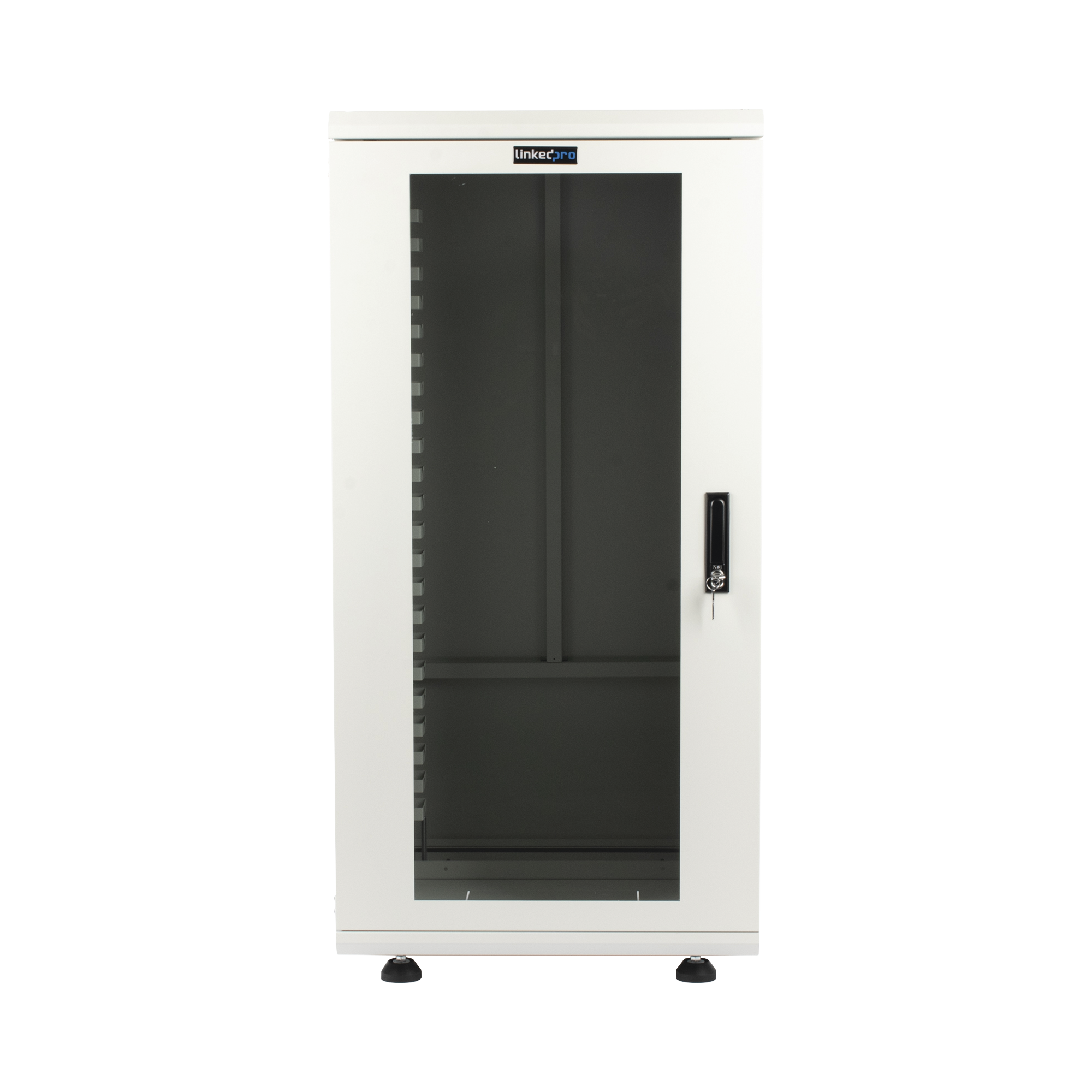 Gabinete Rack 24 Unidades / 19 Pulgadas / Puerta de Cristal / Piso / Acero Calibres 16-18-20 / 750 Kg Carga / 600x605x1190 mm (23.6x23.8x46.9 in) / Vidrio con Cerradura, Niveladores Incluidos