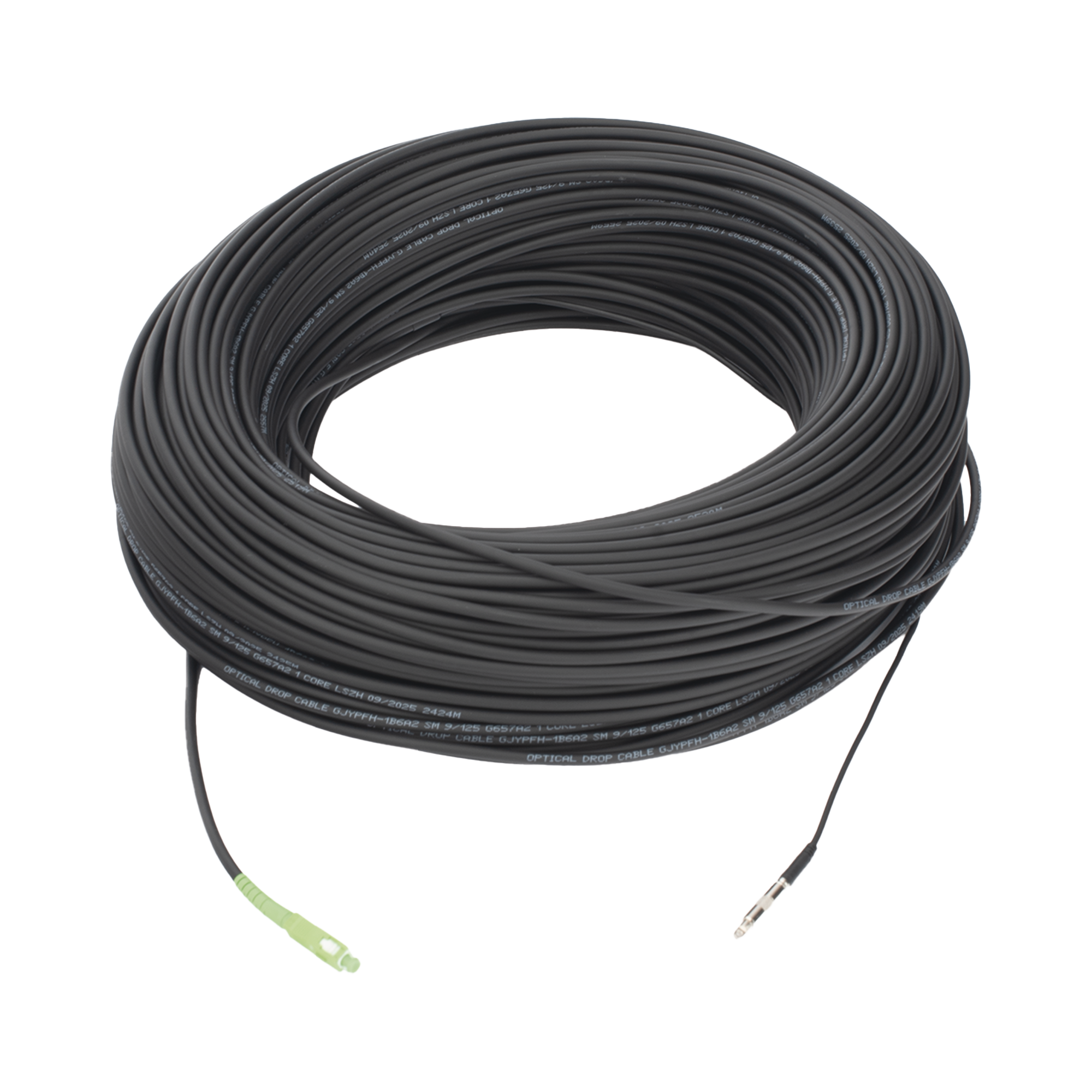 Rollo de Fibra Óptica Drop Redonda G657A2 Monomodo Simplex de 150 Metros (492.13 Pies) con Conectores SC/APC-SC/APC para Instalaciones Aéreas, Subterráneas o a la Intemperie