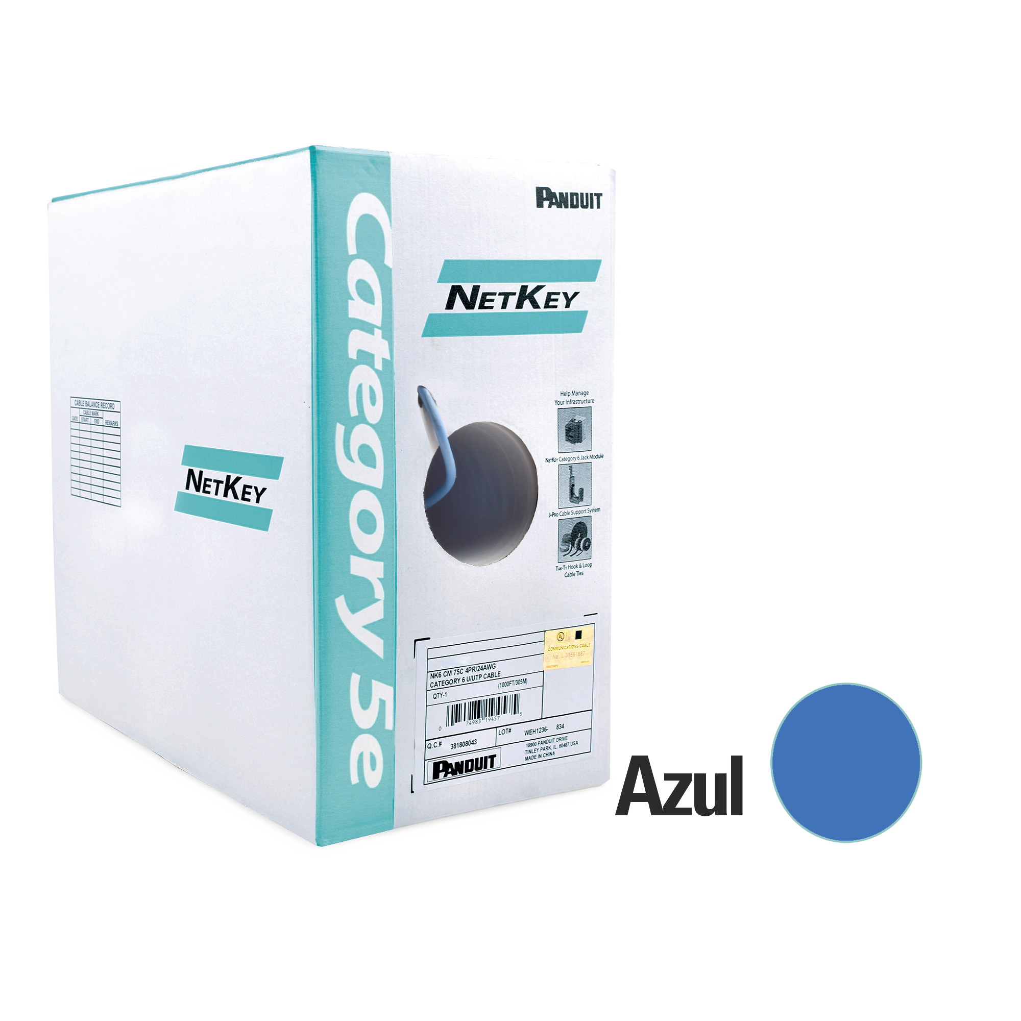 Bobina de Cable UTP 305 Metros (1000 Pies) de Cobre, NetKey, Azul, Categoría 5e (24 AWG), PVC (CM), de 4 Pares