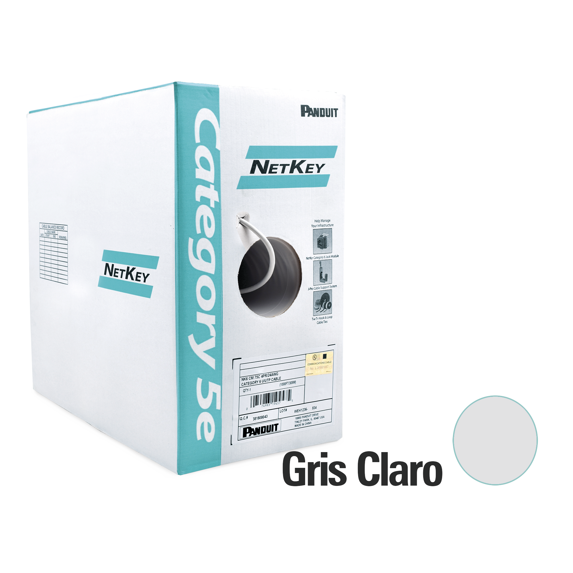 Bobina de Cable UTP 305 Metros (1000 Pies) de Cobre, NetKey, Gris Claro, Categoría 5e (24 AWG), PVC (CM), de 4 Pares
