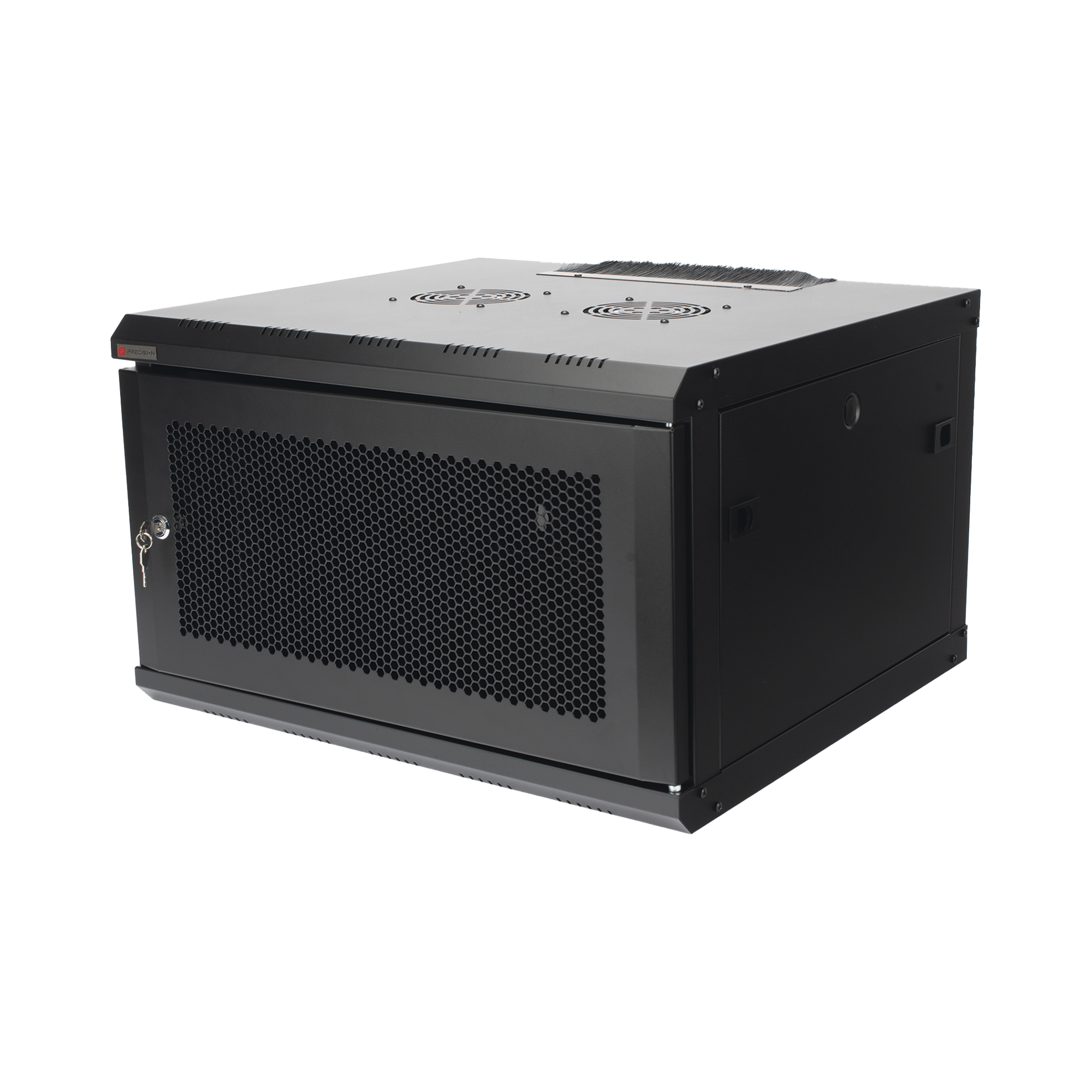 Gabinete de Pared PRECISION 19 in 6UR (455mm) - Puerta Perforada Incluye: 2 Ventiladores y Panel Cepillo