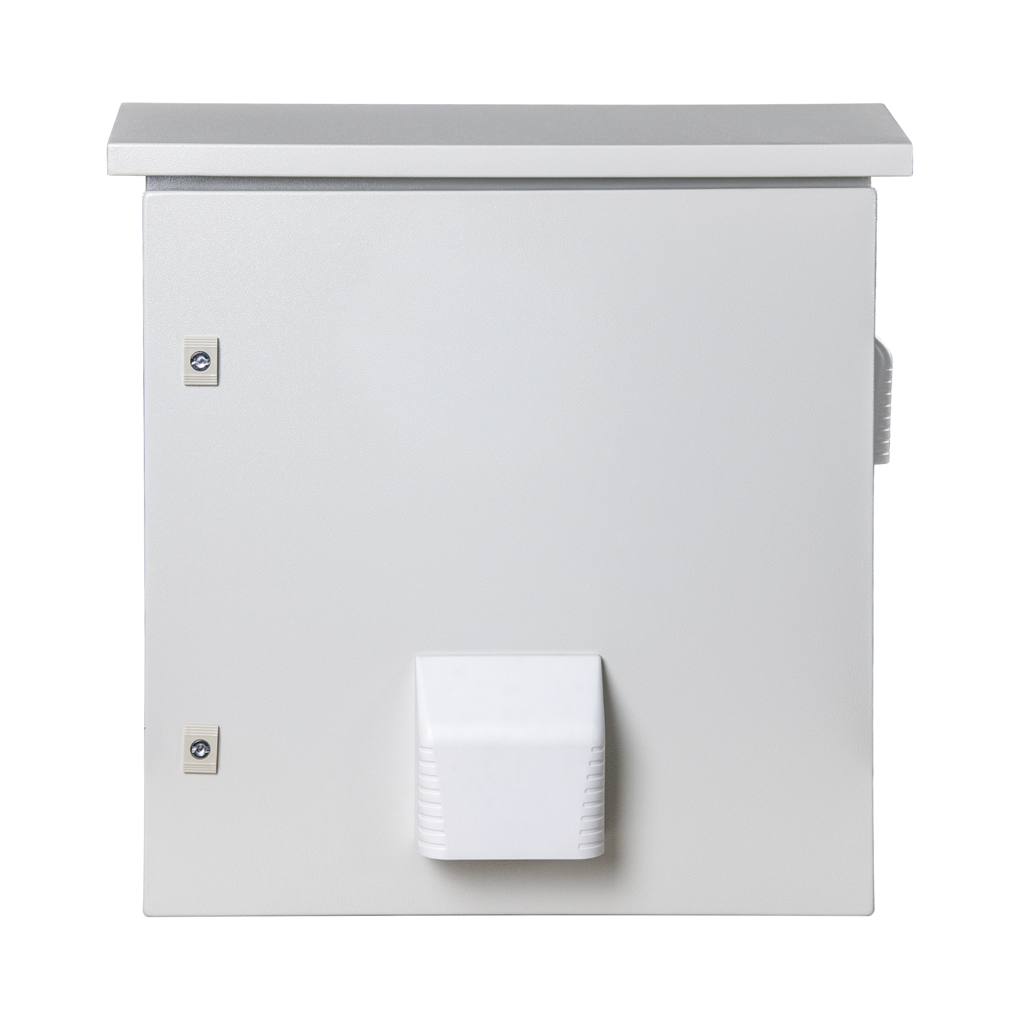 Gabinete Ventilado de Acero IP55 Uso en Exterior (593 x 609 x 399 mm) con Placa Trasera Interior Metálica y Compuerta Inferior Atornillable. Incluye Ventilador, Ventilas, filtros, Montaje Rack 19", Terminal de Tierra Física, Chapas y Ll