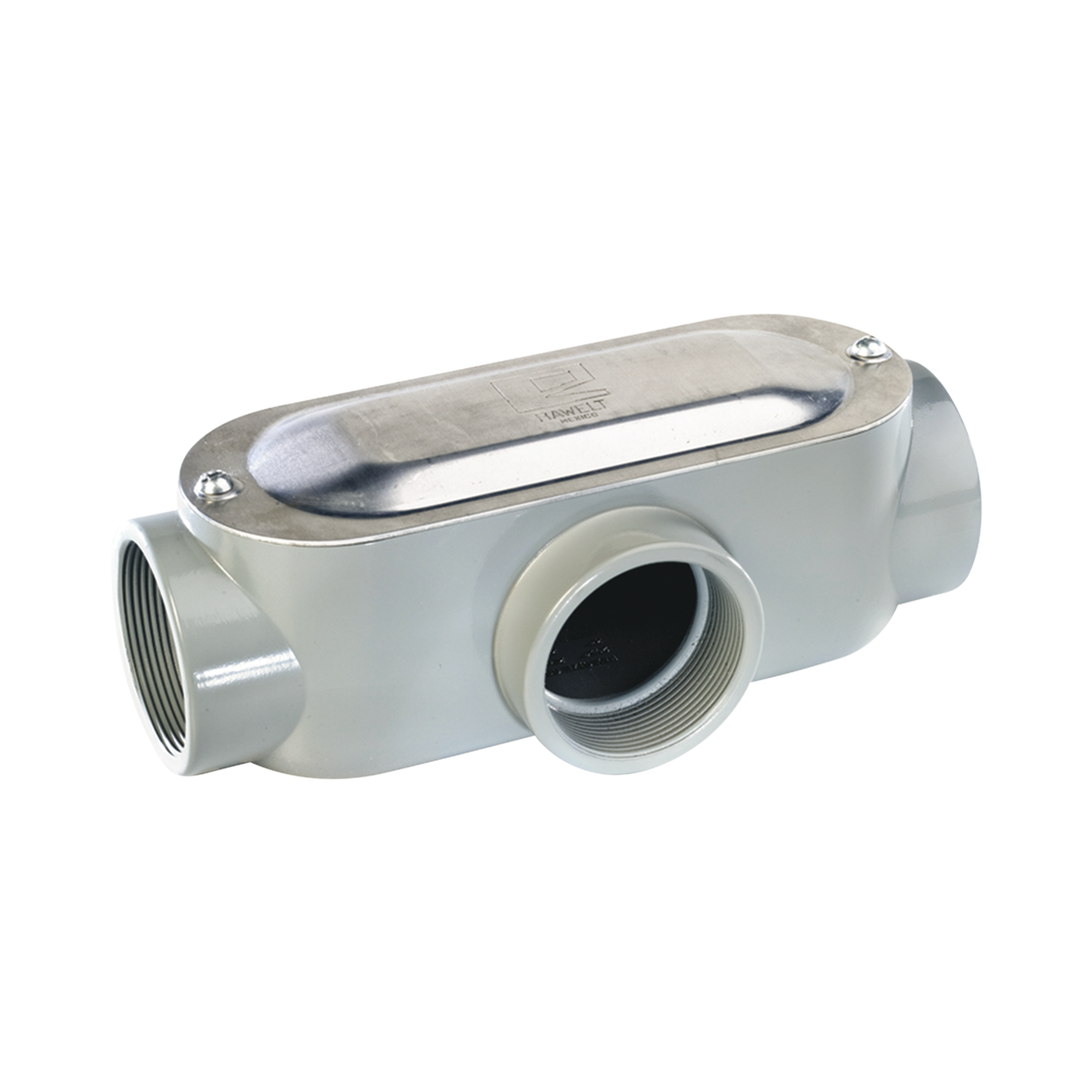 Caja oval roscada tipo T de 1 1/4" (31.8 mm) incluye tapa y tornillos.