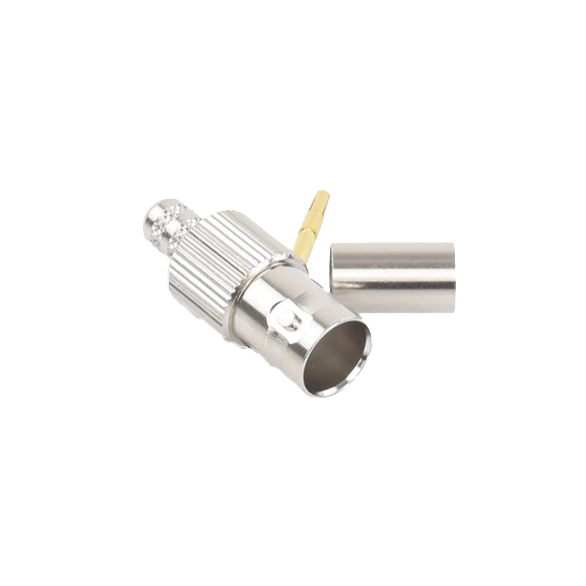 Conector BNC Hembra, 75 Ohm, Anillo Plegable, para RG-59/U, Níquel/ Oro/ Delrin.