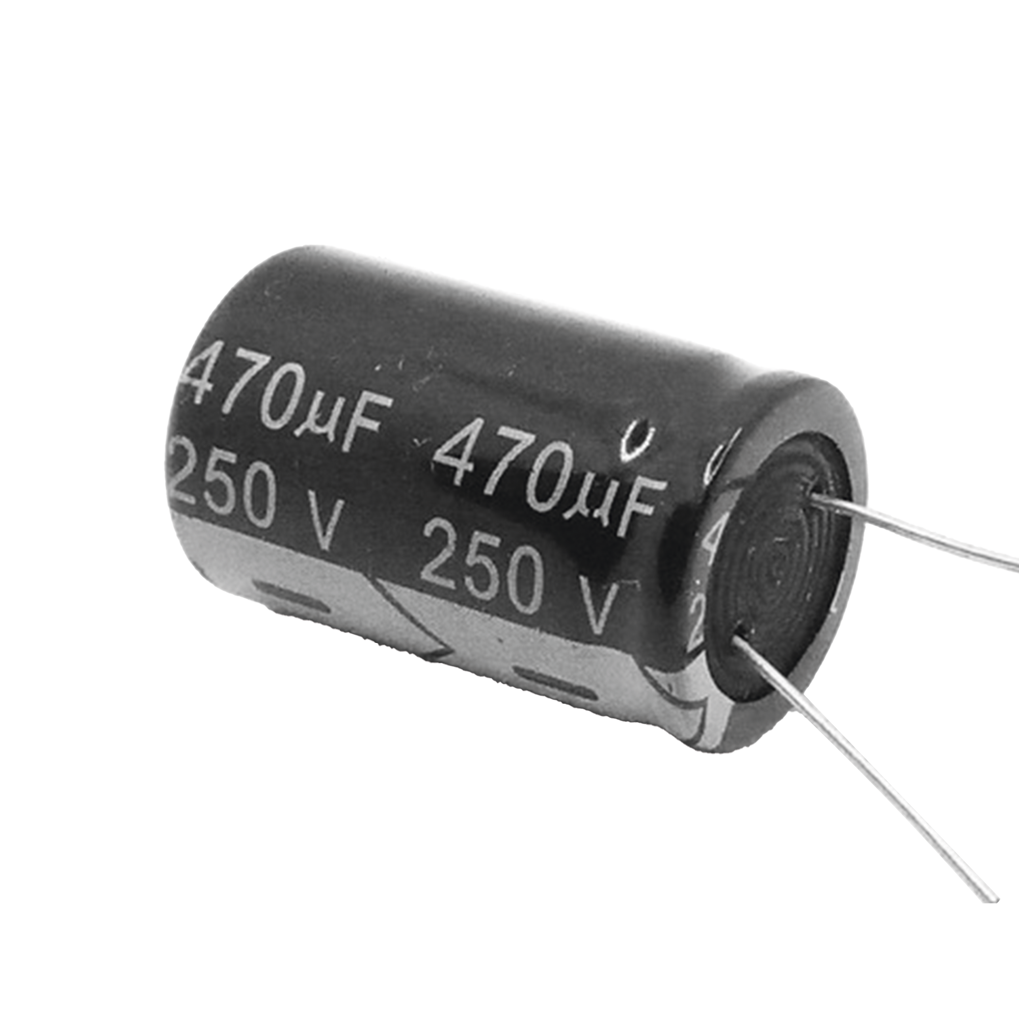 Capacitor Electrolítico de Aluminio, Radial de 470 µFd, 250 Vcc, 105 °C, 25 x 40 mm.