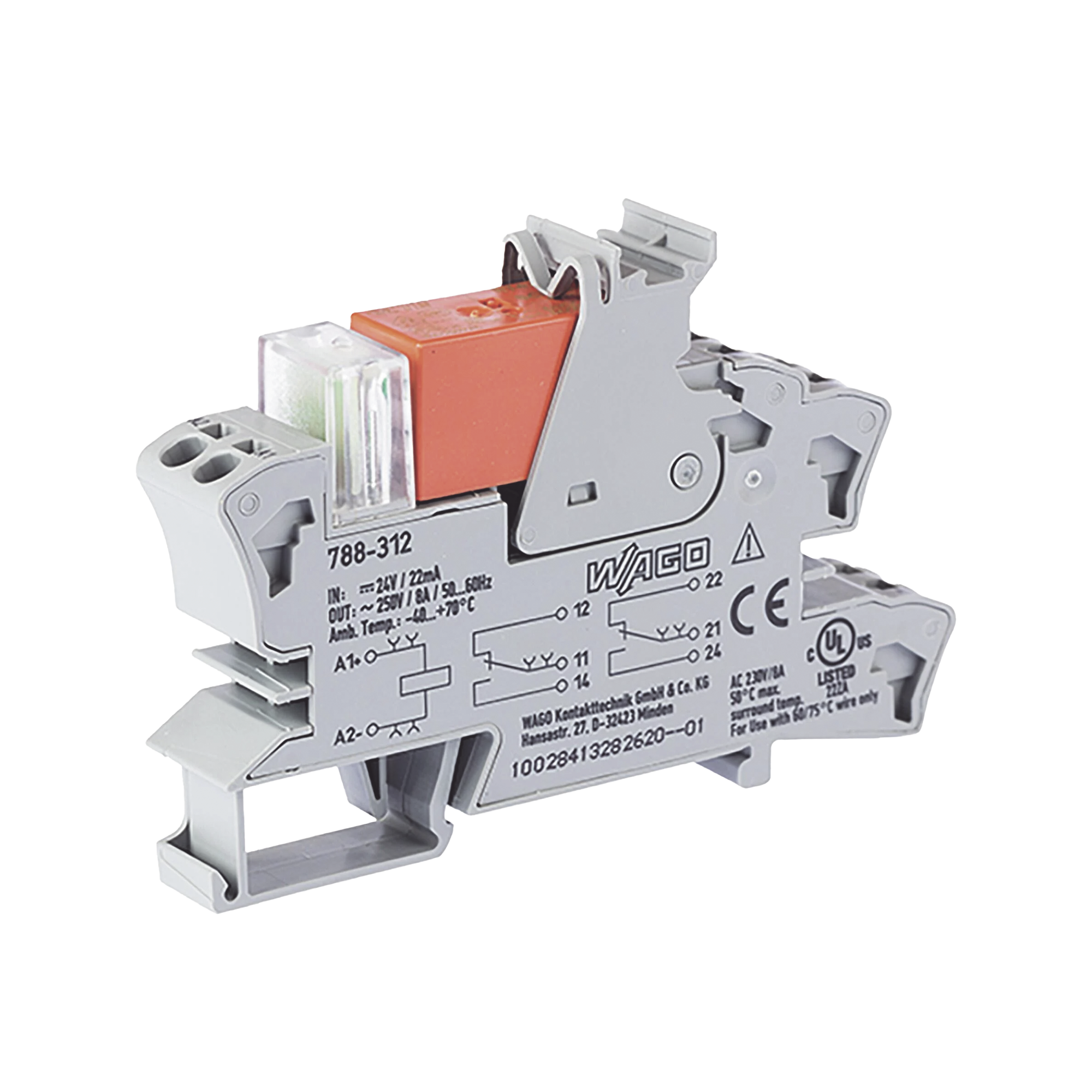 Módulo con Relé / 24 VCC / 2 Inversores / 8 A Corriente Continua / Montaje Riel DIN 15 mm / Indicador LED Rojo / Push-in CAGE CLAMP